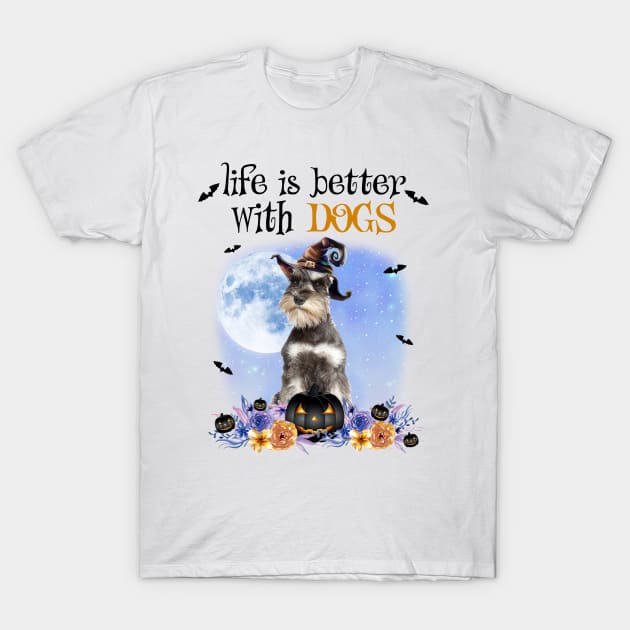 Grey Miniature Schnauzer Witch Hat Life Is Better With Dogs T-Shirt by Marcelo Nimtz